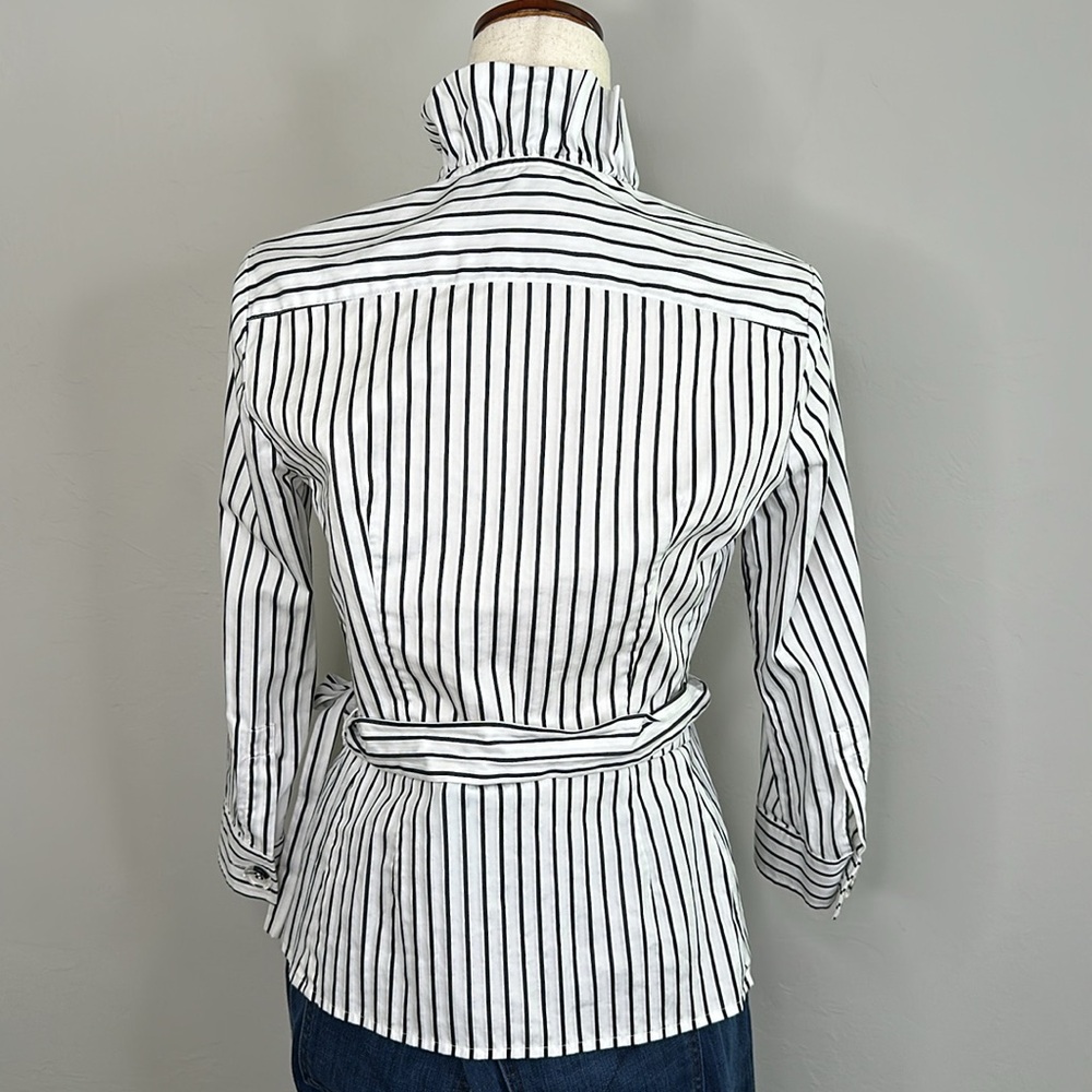 Per Se Women's Black & White Stripe Ruffle Trim Wrap Blouse - Picture 4 of 5